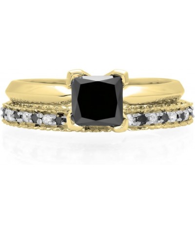 1.50 Carat Princess & Round Black & White Diamond Wedding Ring Set in Gold 5.5 Yellow Gold $249.56 Sets