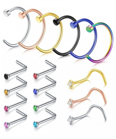 22G Nose Rings Stainless Steel Nose Rings Hoop Tiny L Shape Nose Studs Small Nose Bone Colorful Pack for Women Men 17-39 Pcs ...