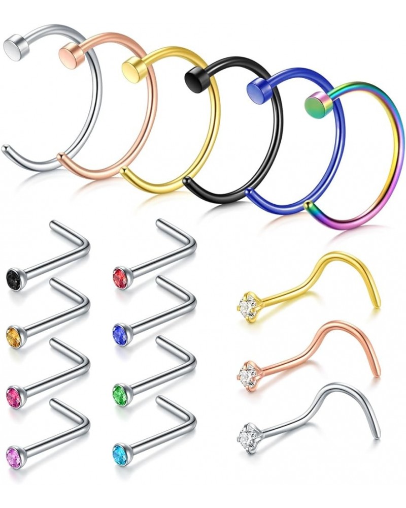 22G Nose Rings Stainless Steel Nose Rings Hoop Tiny L Shape Nose Studs Small Nose Bone Colorful Pack for Women Men 17-39 Pcs ...