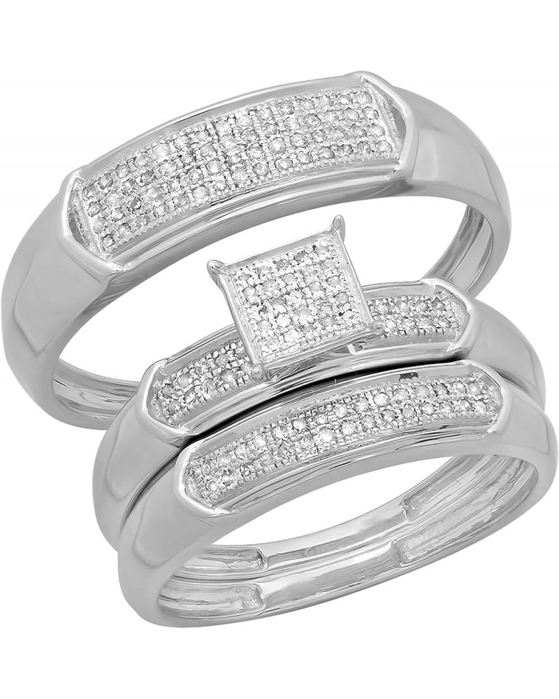 0.30 Carat (ctw) Round White Diamond Men & Women's Micro Pave Trio Bridal Wedding Set 1/3 CT, 14K White Gold womens size 5.5 ...