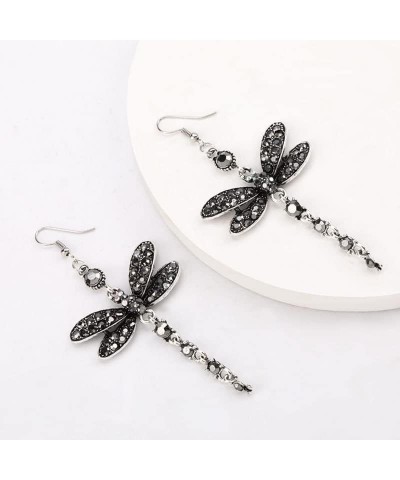 Dragonfly Crystal Dangle Earrings for Women Girls - Rhinestone Insect Long Tail Drop Earrings Black $5.40 Earrings