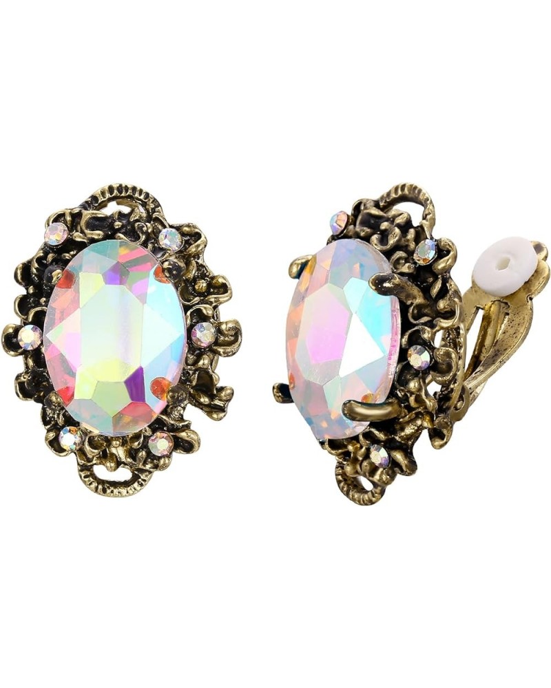 Women's Victorian Style Crystal Floral Cameo Inspired Oval Clip-On Earrings Iridescent AB Antique-Gold-Toned $9.68 Earrings