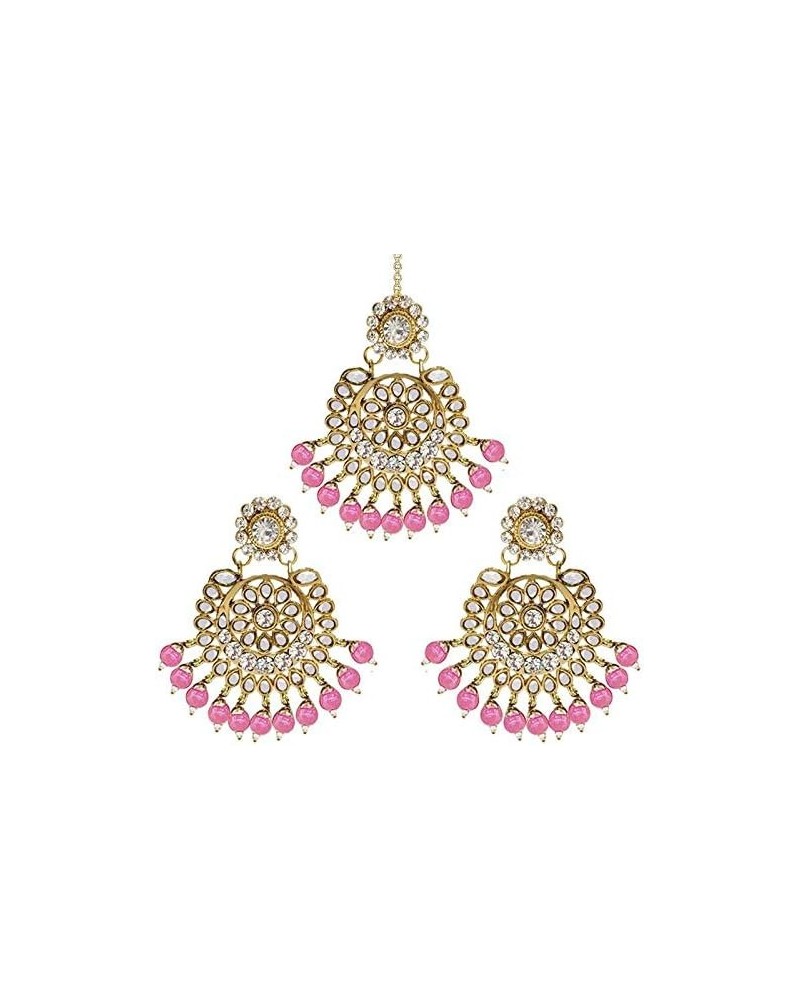 18k Traditional Indian Gold Plated Beaded Ethnic Stylish Party Wear Earring Set with Maang Tikka for Women Pink $11.66 Jewelr...