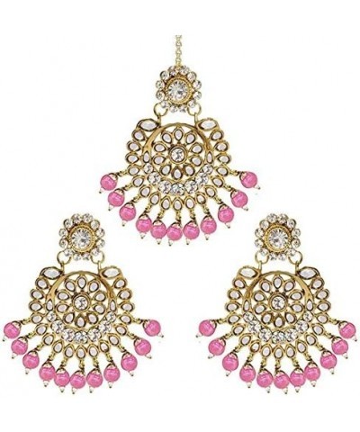 18k Traditional Indian Gold Plated Beaded Ethnic Stylish Party Wear Earring Set with Maang Tikka for Women Pink $11.66 Jewelr...