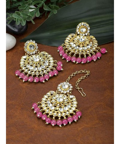 18k Traditional Indian Gold Plated Beaded Ethnic Stylish Party Wear Earring Set with Maang Tikka for Women Pink $11.66 Jewelr...