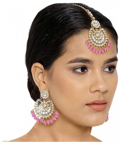 18k Traditional Indian Gold Plated Beaded Ethnic Stylish Party Wear Earring Set with Maang Tikka for Women Pink $11.66 Jewelr...