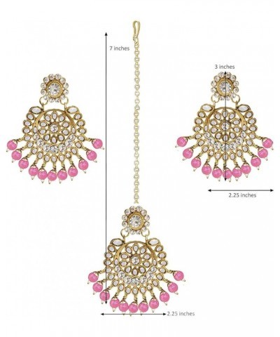 18k Traditional Indian Gold Plated Beaded Ethnic Stylish Party Wear Earring Set with Maang Tikka for Women Pink $11.66 Jewelr...