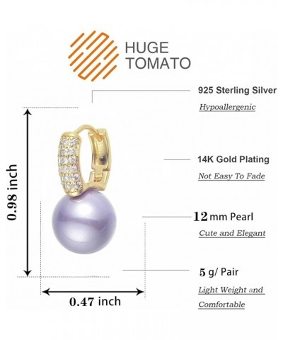 Pearl Drop Earrings Pearl Huggie Earrings 12mm Pearl Diamond Earrings with Allergy-free pins Purple $9.66 Earrings