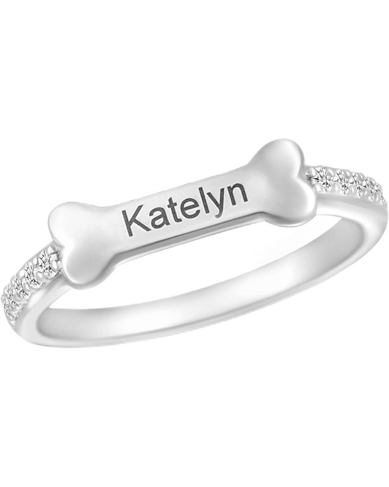 Personalized 925 Sterling Silver Puppy Dog Bone Name Ring Cubic Zirconia Band Engraved Pet Animal Lovers Jewelry Silver $24.0...