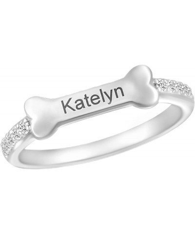 Personalized 925 Sterling Silver Puppy Dog Bone Name Ring Cubic Zirconia Band Engraved Pet Animal Lovers Jewelry Silver $24.0...