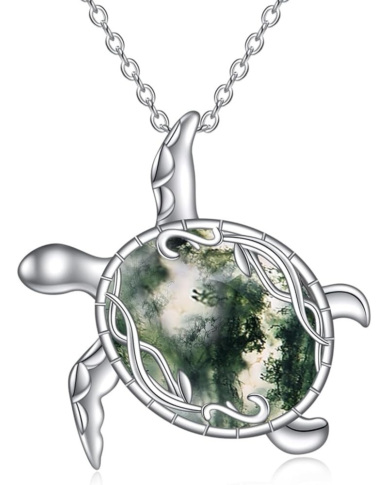 Turtle Necklace Sterling Silver Sea Turtle Moss Agate Necklace Sea Turtle Moss Agate Jewelry Gifts for Women Girls Moss Agate...