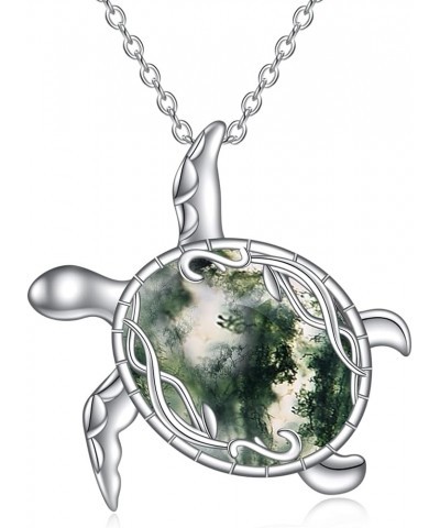 Turtle Necklace Sterling Silver Sea Turtle Moss Agate Necklace Sea Turtle Moss Agate Jewelry Gifts for Women Girls Moss Agate...