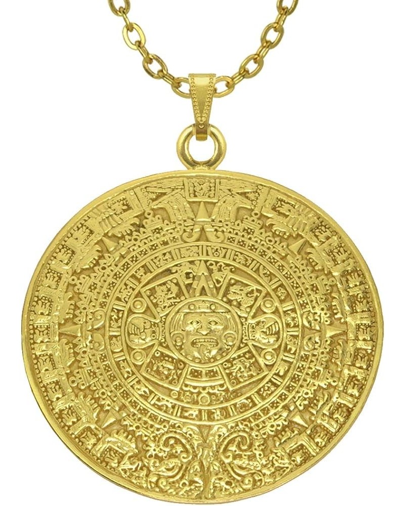 Historical Jewelry Collection, 24k Gold Plated Pre-Columbian Aztec/Mayan Solar Calendar Pendant Necklaces XL 2" Aztec Solar C...