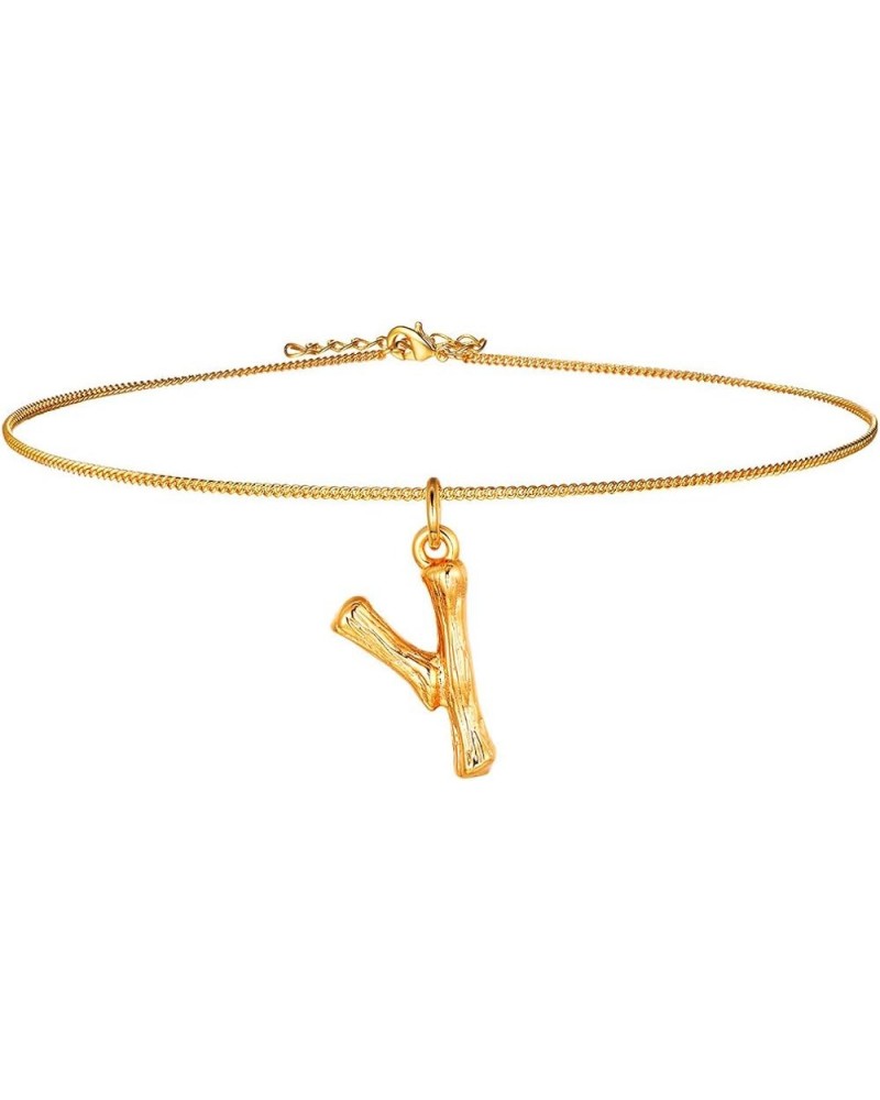 Small Bamboo Initial Letter Pendant Necklace 18K Gold Plated Choker Necklaces for Women 14-16 Inch Adjustable Y $11.27 Necklaces