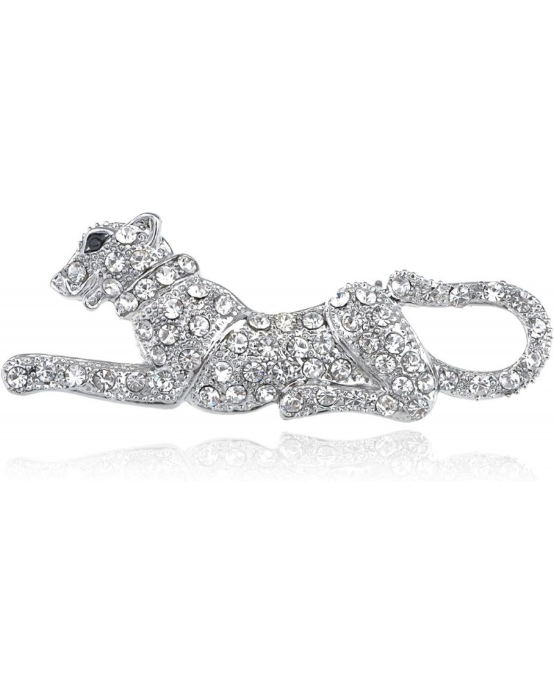 Womens Silver Tone Shine Clear Black Crystal Rhinestones Funny Panther Leopard Cat Mouse Animal Brooch Pin Crouching Jaguar $...