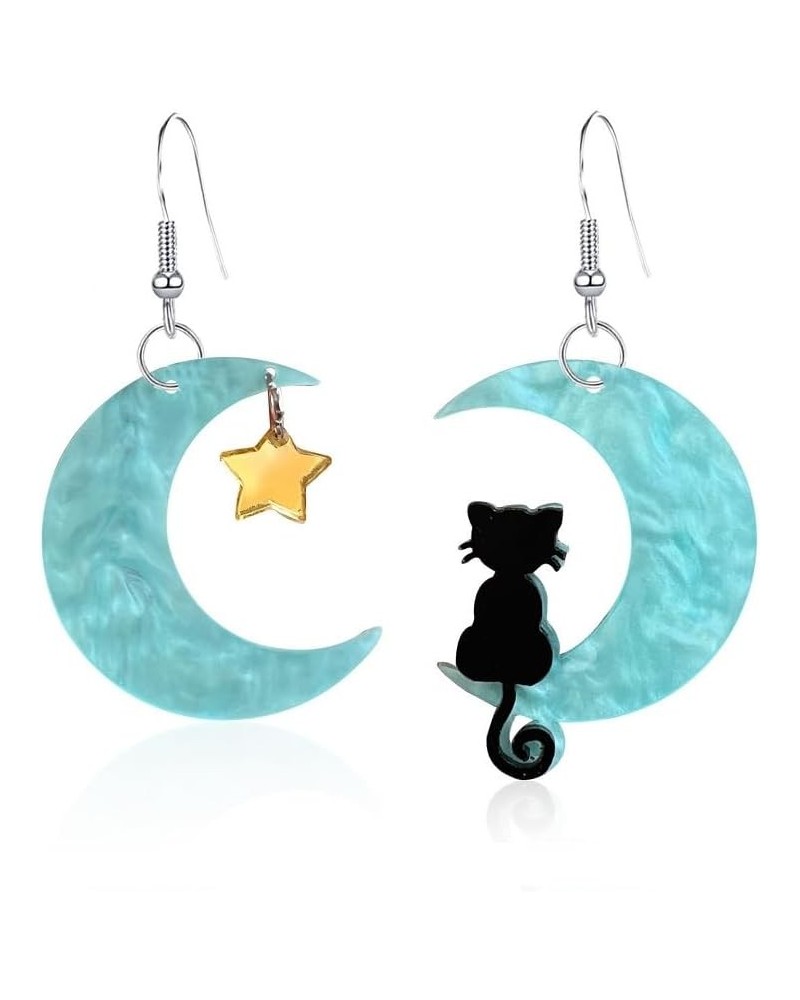 Black Cat on the Moon Dangle Earrings Acrylic Star Earrings Animal Lovely Women Girls Jewelry Blue $6.74 Earrings