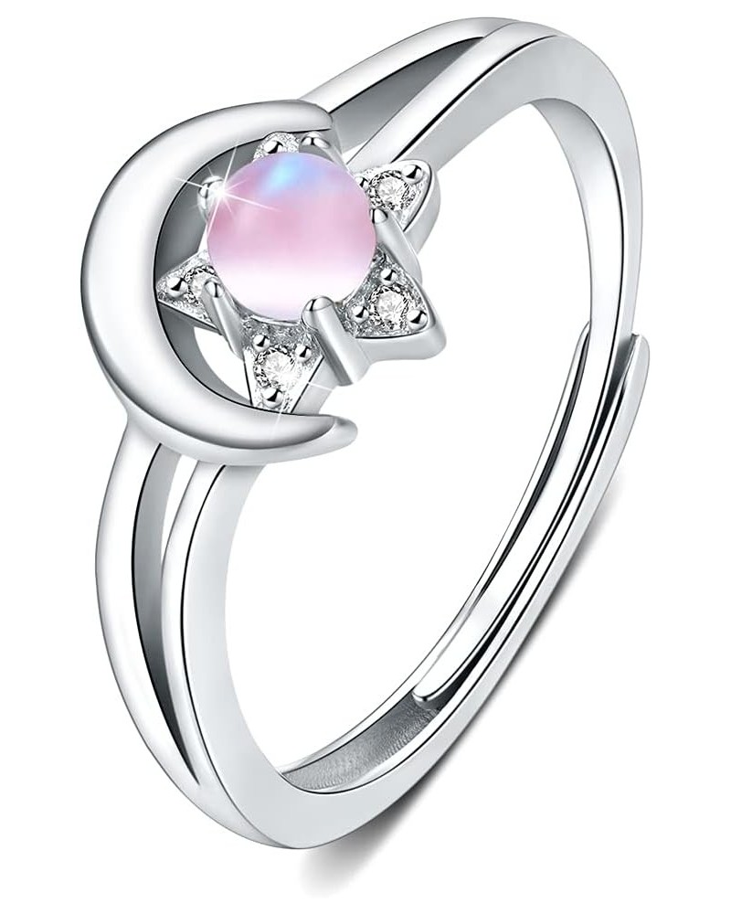 Moon Star Ring 925 Sterling Silver Crescent Moon Star Ring Open Ring Adjustable Ring jewerly Gift for Women pink $9.97 Rings