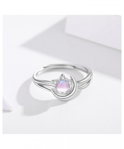 Moon Star Ring 925 Sterling Silver Crescent Moon Star Ring Open Ring Adjustable Ring jewerly Gift for Women pink $9.97 Rings