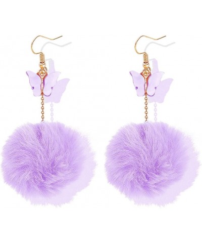 Pom Pom Earrings Pink Pom Pom with Butterfly Dangle Earrings Faux Fur Ball Fluffy Earrings For Women Girls Teens Purple $7.01...