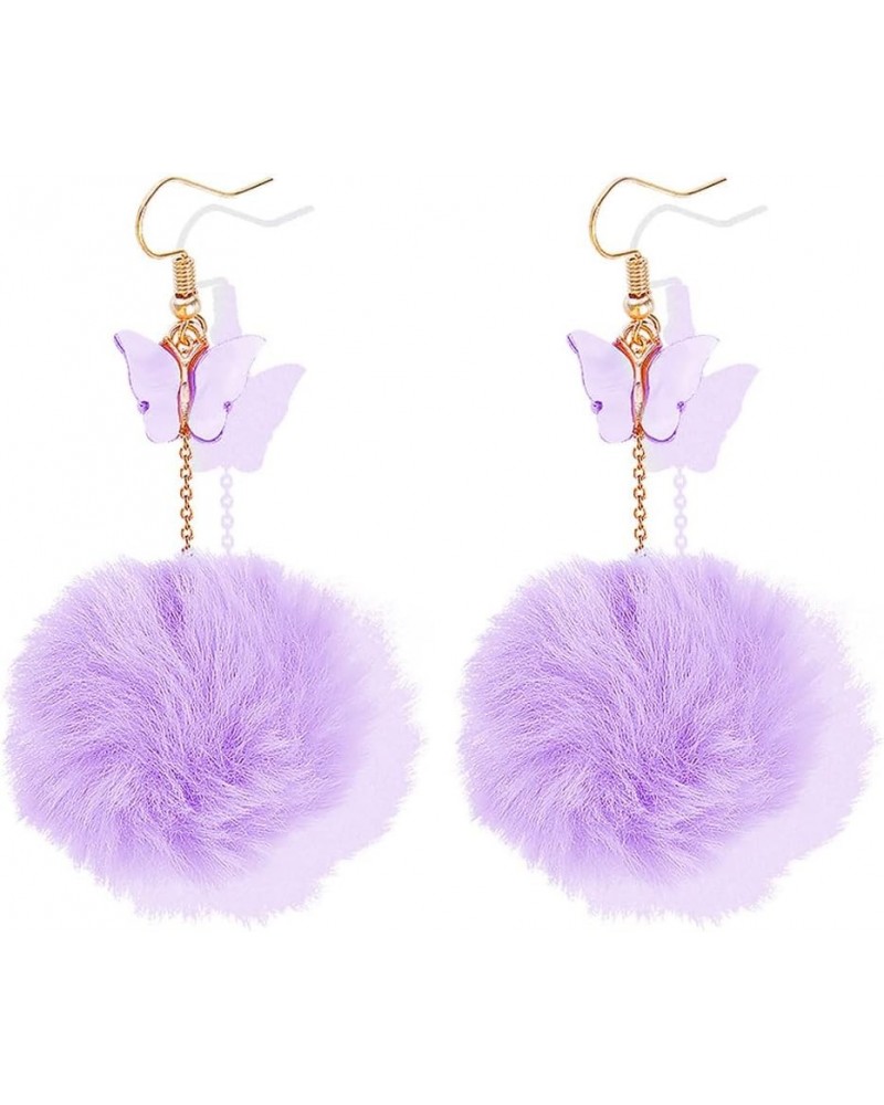 Pom Pom Earrings Pink Pom Pom with Butterfly Dangle Earrings Faux Fur Ball Fluffy Earrings For Women Girls Teens Purple $7.01...