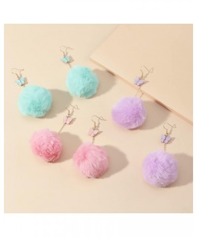 Pom Pom Earrings Pink Pom Pom with Butterfly Dangle Earrings Faux Fur Ball Fluffy Earrings For Women Girls Teens Purple $7.01...