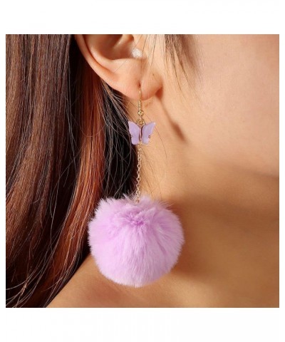 Pom Pom Earrings Pink Pom Pom with Butterfly Dangle Earrings Faux Fur Ball Fluffy Earrings For Women Girls Teens Purple $7.01...