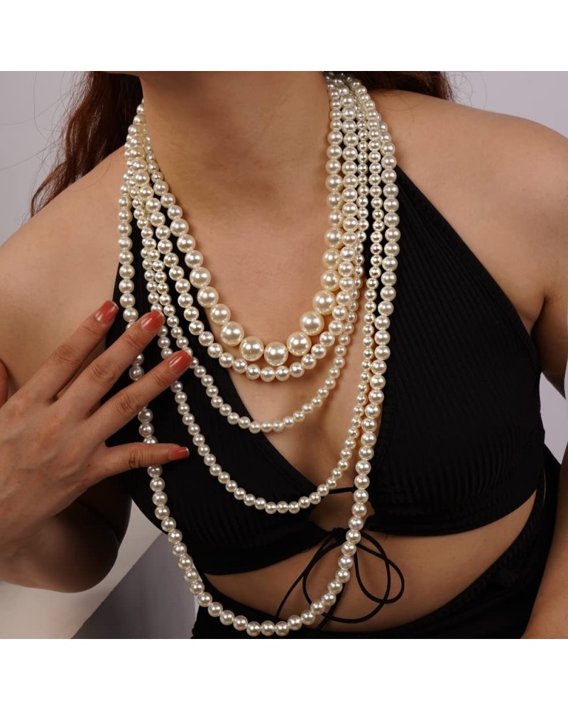 BohoWomen Bride 1920s Fashion Faux Multilayered Pearl Beads Choker Necklace Long Pearl Layered Necklace Jewelry Prom Party Ch...