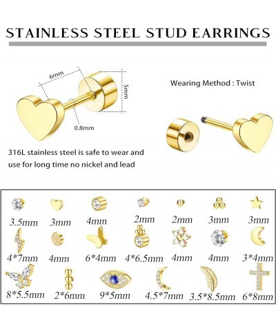 20Pcs Stainless Steel Flat Back Earrings for Women Men 20G Small Cartilage Stud Earrings Hypoallergenic CZ Butterfly Heart Ey...