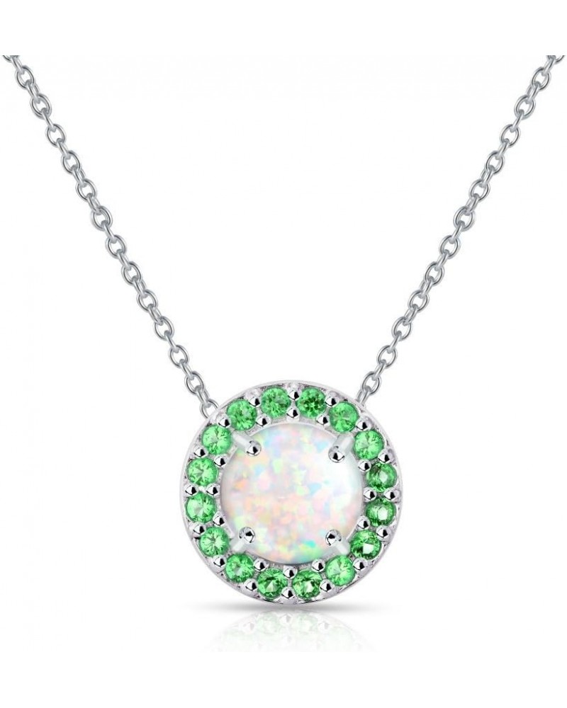 Sterling Silver Synthetic White Opal and Simulated Gemstone Round Dainty Halo Necklace for Women Girls Bridesmaids Simulated ...