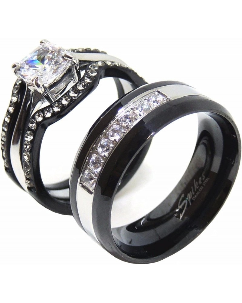 His Hers Couples Ring Set Womens Black Stainless Steel Promise Ring Mens 7 CZ Wedding Band Size Women's 08 Men's 10 $21.19 Sets