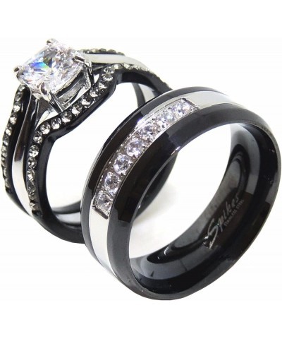 His Hers Couples Ring Set Womens Black Stainless Steel Promise Ring Mens 7 CZ Wedding Band Size Women's 08 Men's 10 $21.19 Sets