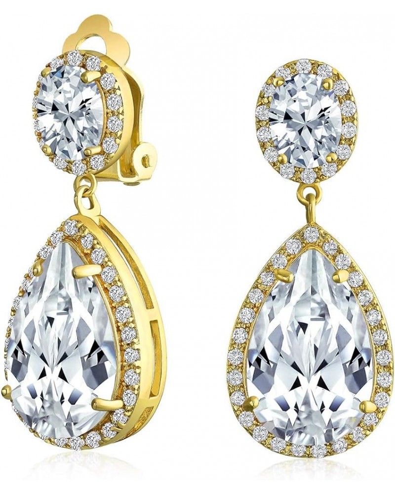 Large Teardrop Cubic Zirconia Pave CZ Halo Statement Dangle Clip On Earrings For Women Gold Silver Plated Brass Gold $19.60 E...