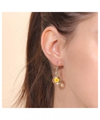 Pressed Flower Yellow Gold Plated Circle Dangle Drop Earrings YELLOW $11.39 Earrings