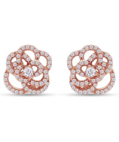 Round Cut White Cubic Zirconia Open Rose Flower Stud Earrings for Women & Girls in 14K Gold Over 925 Sterling Silver with Pos...