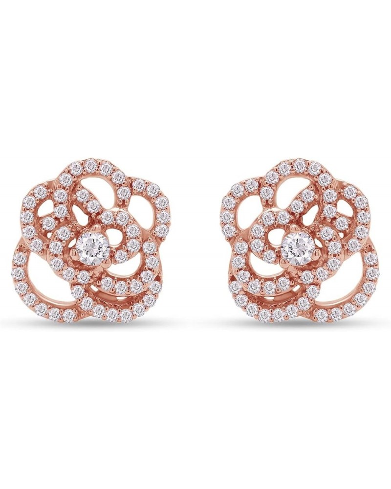 Round Cut White Cubic Zirconia Open Rose Flower Stud Earrings for Women & Girls in 14K Gold Over 925 Sterling Silver with Pos...