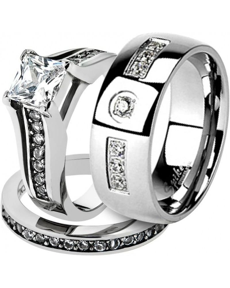 His and Her Stainless Steel 2.10 Carat Cubic Zirconia Bridal Ring Set and Men's Wedding Band Women's Size 05 Men's Size 11 $1...