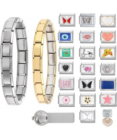 Italian Charms Bracelet Sets with Starter Brascelet, Assorted Charms and Opening Tools,9mm Modular Charm Bracelet Link Handma...