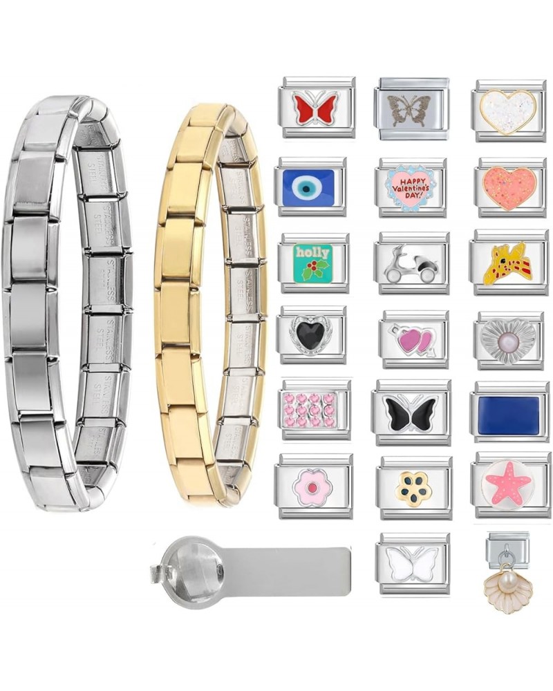 Italian Charms Bracelet Sets with Starter Brascelet, Assorted Charms and Opening Tools,9mm Modular Charm Bracelet Link Handma...