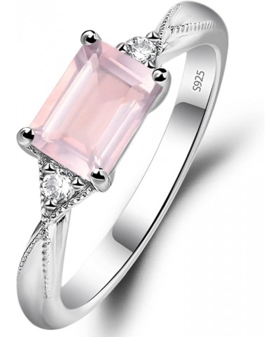 925 Sterling Silver Emerald Cut 7X5 MM Gemstone Ring Horizontal Promise Ring for Women Rose Quartz $36.46 Rings