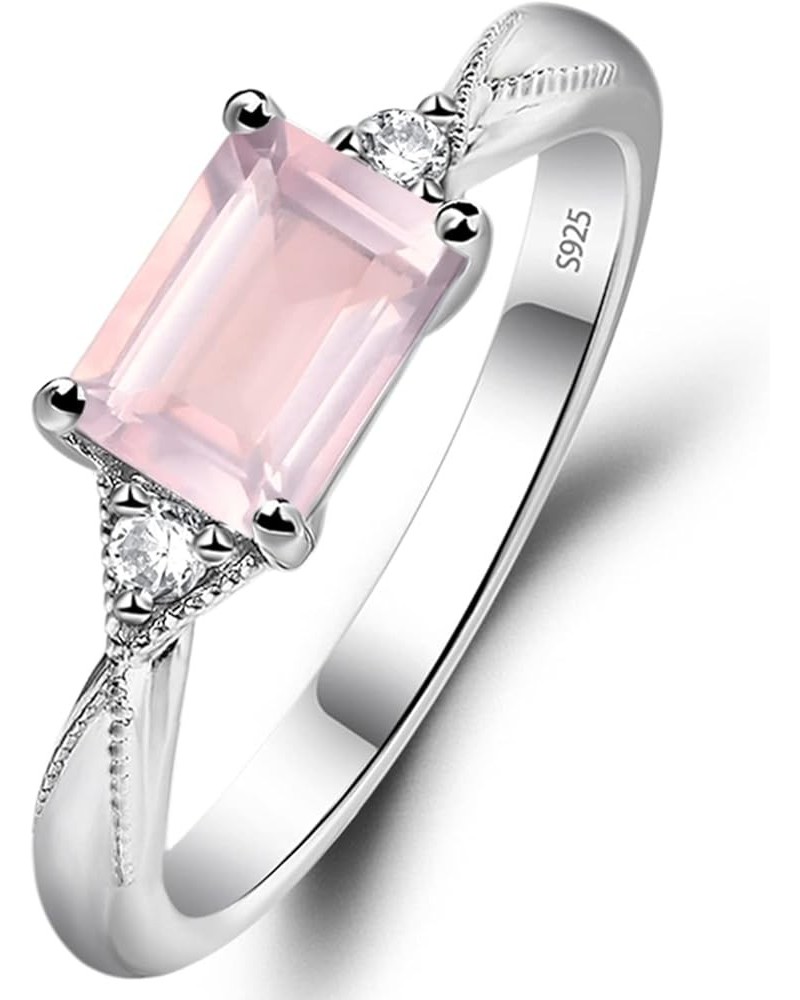 925 Sterling Silver Emerald Cut 7X5 MM Gemstone Ring Horizontal Promise Ring for Women Rose Quartz $36.46 Rings