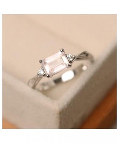 925 Sterling Silver Emerald Cut 7X5 MM Gemstone Ring Horizontal Promise Ring for Women Rose Quartz $36.46 Rings