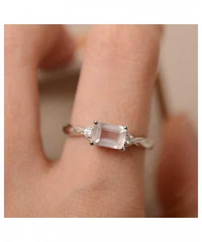 925 Sterling Silver Emerald Cut 7X5 MM Gemstone Ring Horizontal Promise Ring for Women Rose Quartz $36.46 Rings