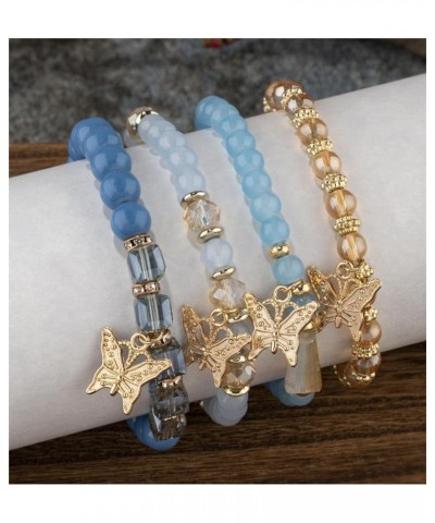 Boho 4pcs Butterfly Charm Gold Beaded Stackable Stretch Bracelet Set Crystal Butterfly Colorful Elastic Bracelets Blue $6.71 ...