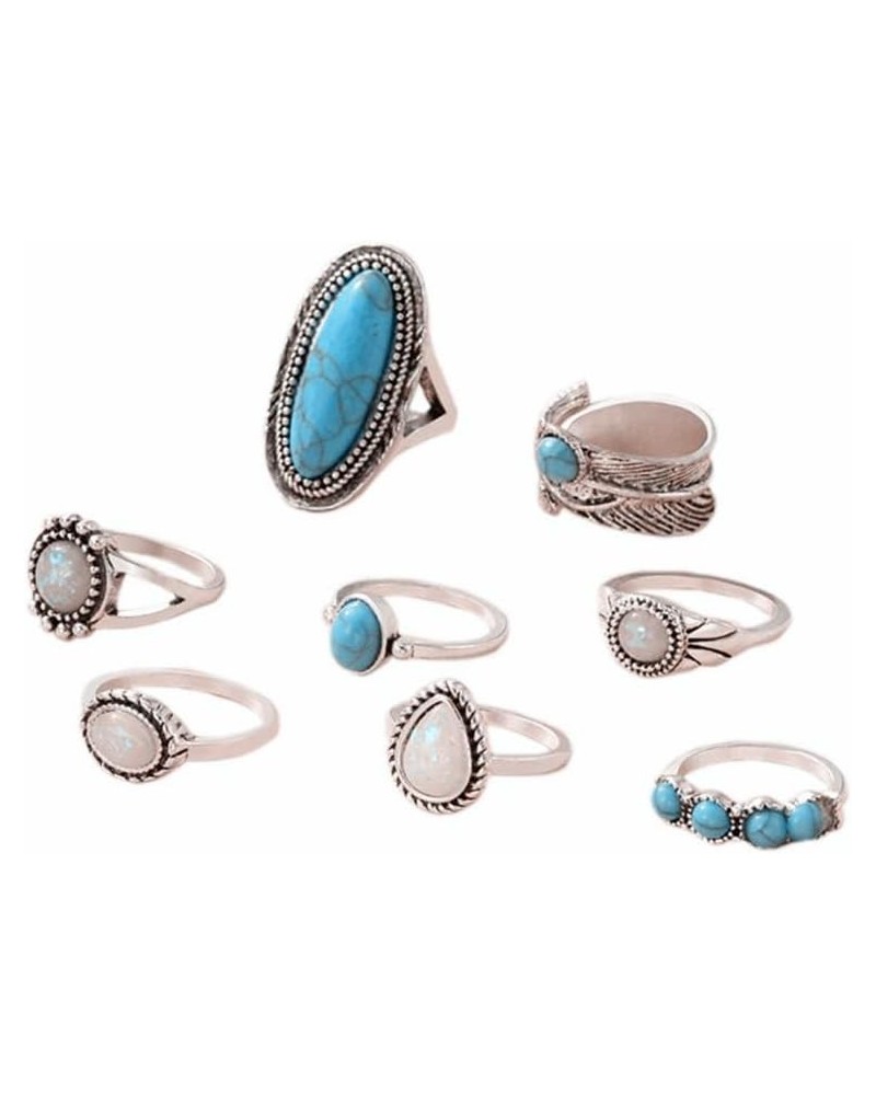 Bohemian Western Turquoise Oval Geometric Stackable Rings Set Midi Crystal Gemstone Knuckle Flower Carved for Women Girls Hol...