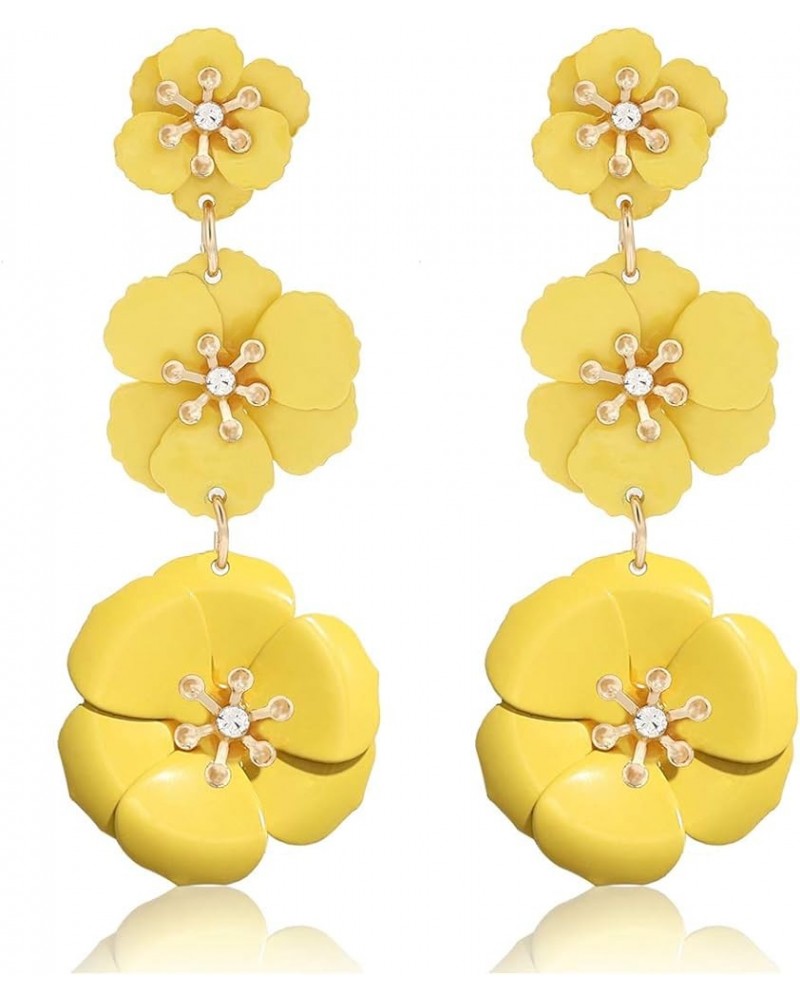 Flower Dangle Earrings Tiered Triple Floral Drop Stud Earrings Ear Drop for Parties Yellow $8.24 Earrings