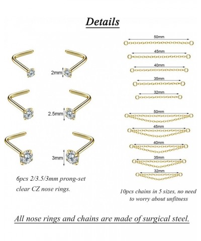 20G Nose Rings 2mm 2.5mm 3mm CZ Nose Studs with Chain Surgical Steel Nose Piercing Jewelry Nose Ring Studs Gold, Nose Screw $...