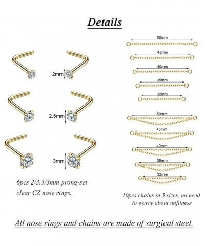 20G Nose Rings 2mm 2.5mm 3mm CZ Nose Studs with Chain Surgical Steel Nose Piercing Jewelry Nose Ring Studs Gold, Nose Screw $...