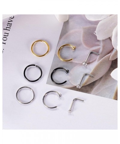 9Pcs 18G 20G 22G 316L Stainless Steel Nose Rings for Women Men L Shaped Nose Studs CZ Nose Rings Stud Nose hoop Piercing Jewe...