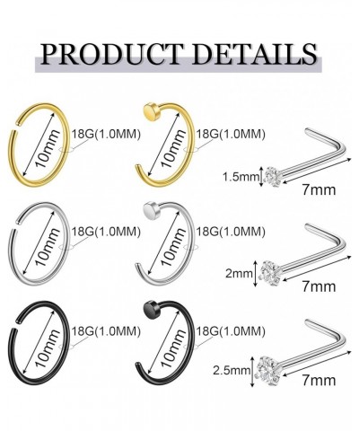 9Pcs 18G 20G 22G 316L Stainless Steel Nose Rings for Women Men L Shaped Nose Studs CZ Nose Rings Stud Nose hoop Piercing Jewe...