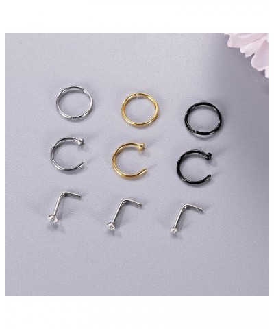 9Pcs 18G 20G 22G 316L Stainless Steel Nose Rings for Women Men L Shaped Nose Studs CZ Nose Rings Stud Nose hoop Piercing Jewe...